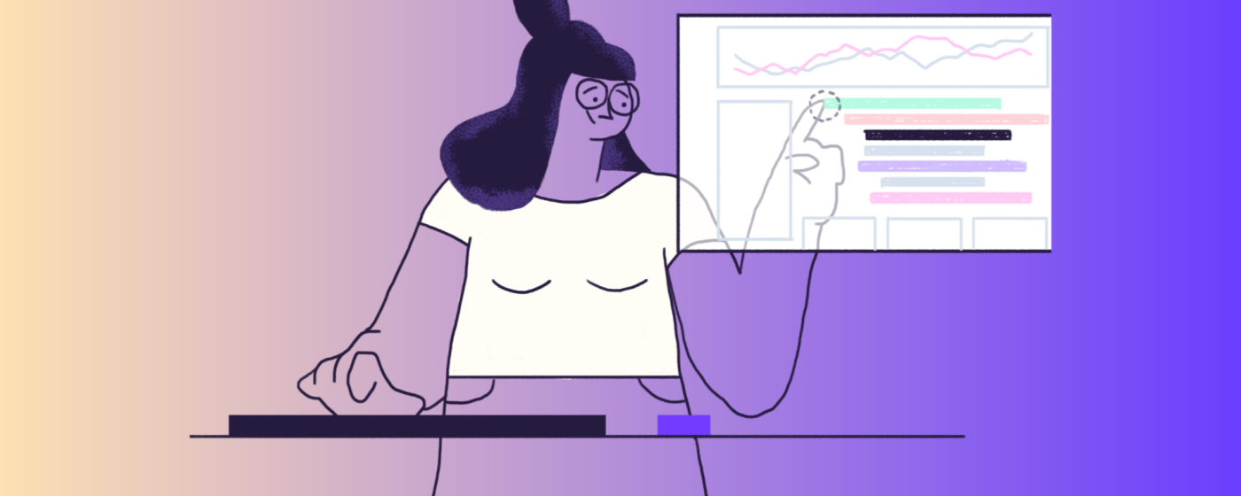 Continuous monitoring Memphis-style illustration of a woman interacting with a computer screen displaying various charts