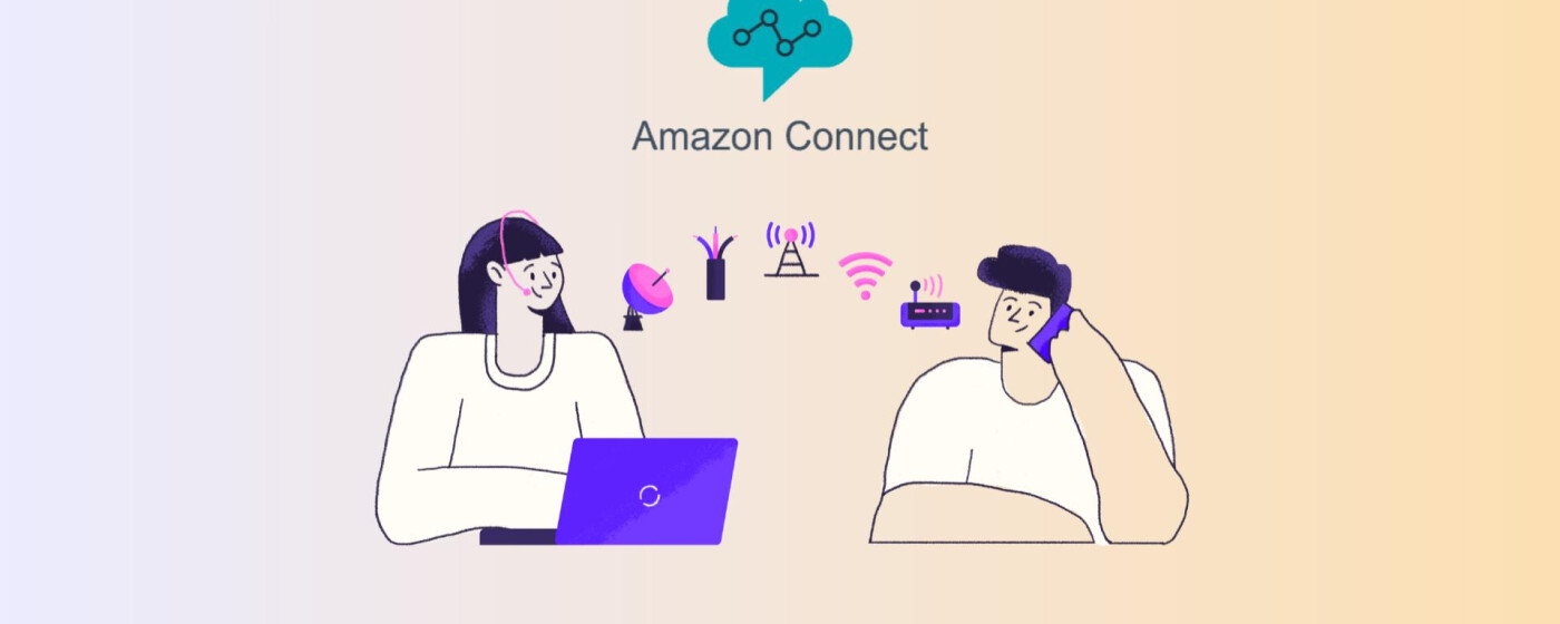Top 5 service readiness considerations for Amazon Connect, represented in an illustration of a call center agent speaking with a customer, with the Amazon Connect logo above them.