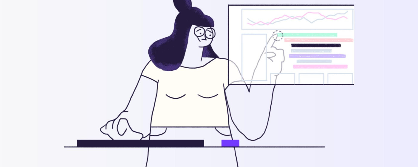 WebRTC Observability portrayed by an illustration of a woman pointing at a dashboard with charts and data.